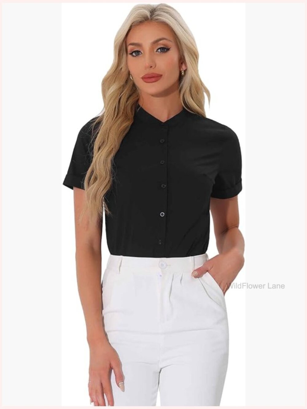 Mock Neck Short Sleeve Button Down Bodysuit Top Work Office